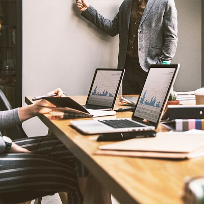 Laptops being used during a business meeting